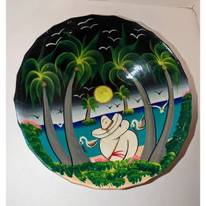 Vintage Mexican Pottery Hand Painted Folk Art Bowl 3 Footed Scalloped Edge